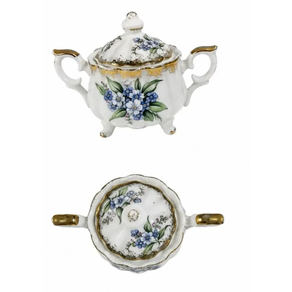 Vintage Forget-Me-Not Porcelain Creamer & Covered Sugar Bowl Set Gold Trim